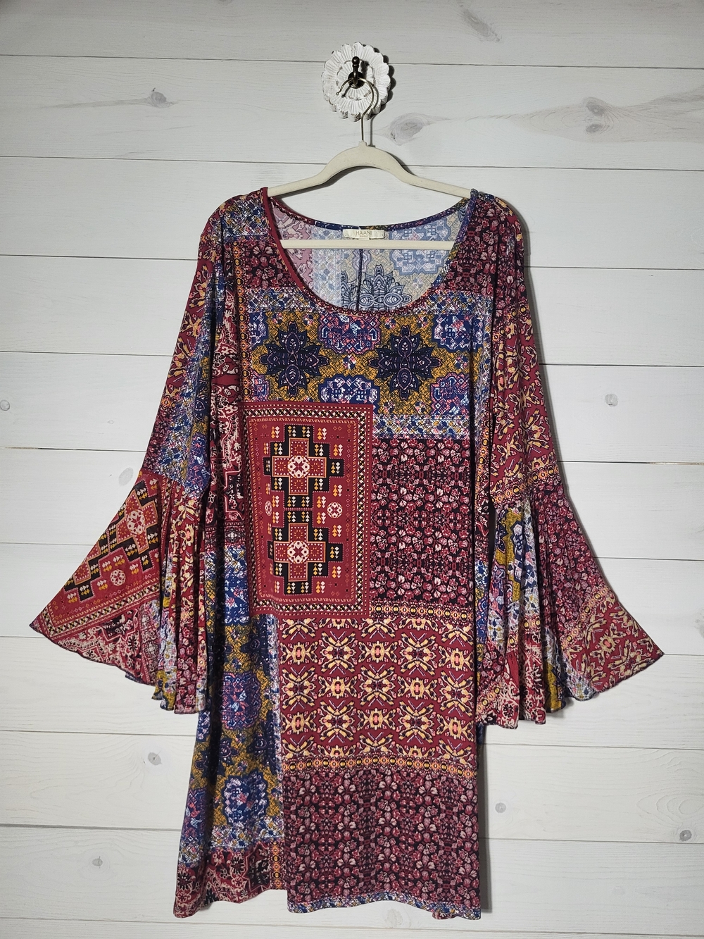Haani Dress Patchwork Bell Sleeve BOHO Hippie Plus Size.
